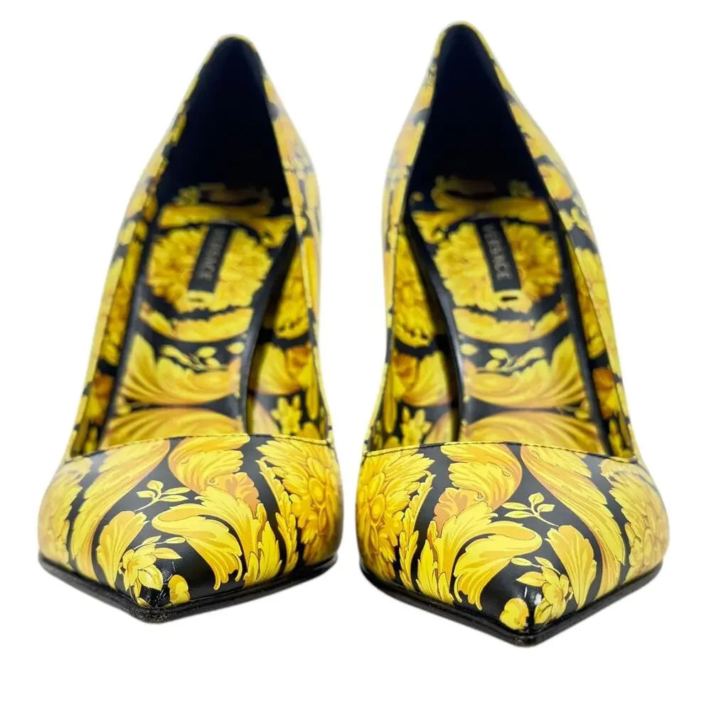 Versace Borocco Medusa Leather Heels Pointed Toe Printed Black And Gold 39.5